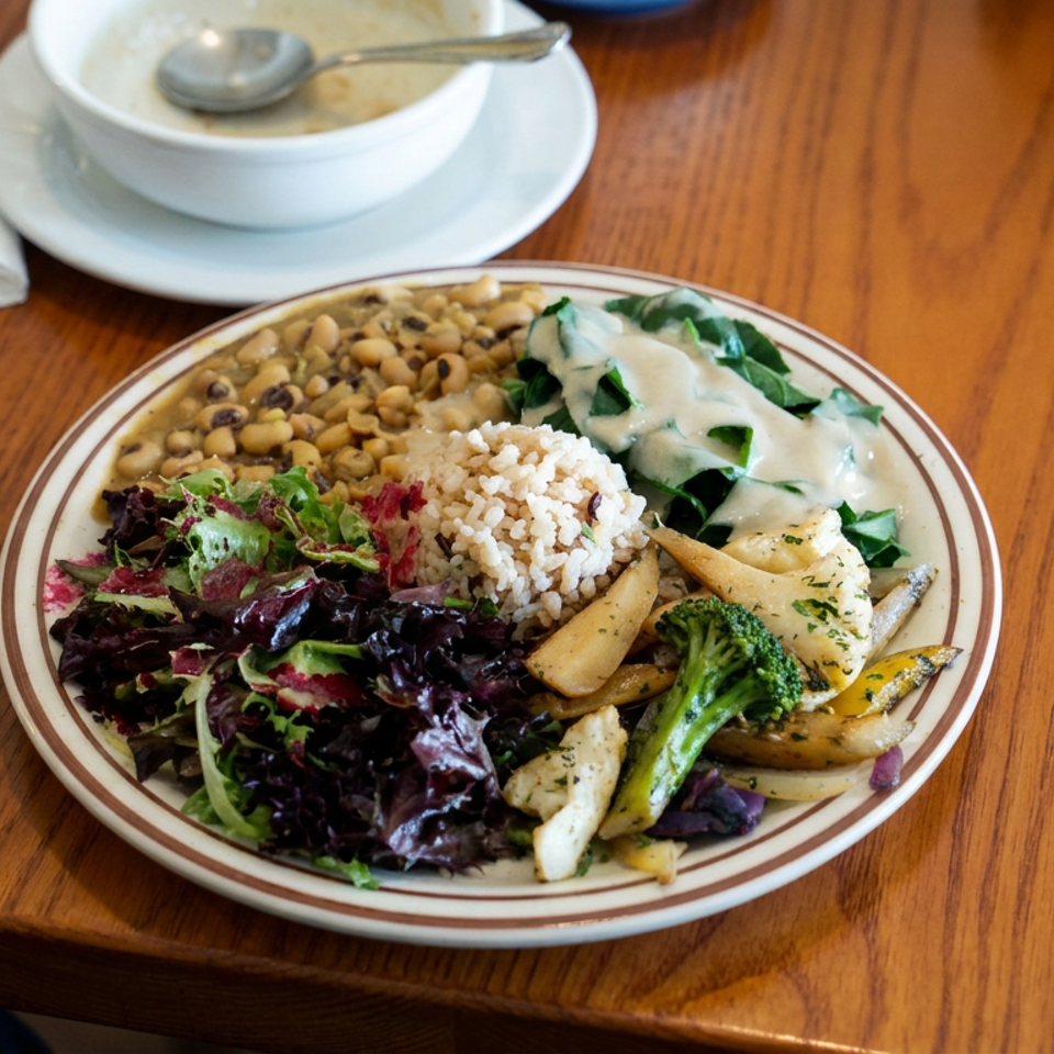 Plate of rice, beans, salad, creamy greens, roasted vegetables, and broccoli on a wooden restaurant table with fork and soup bowl.