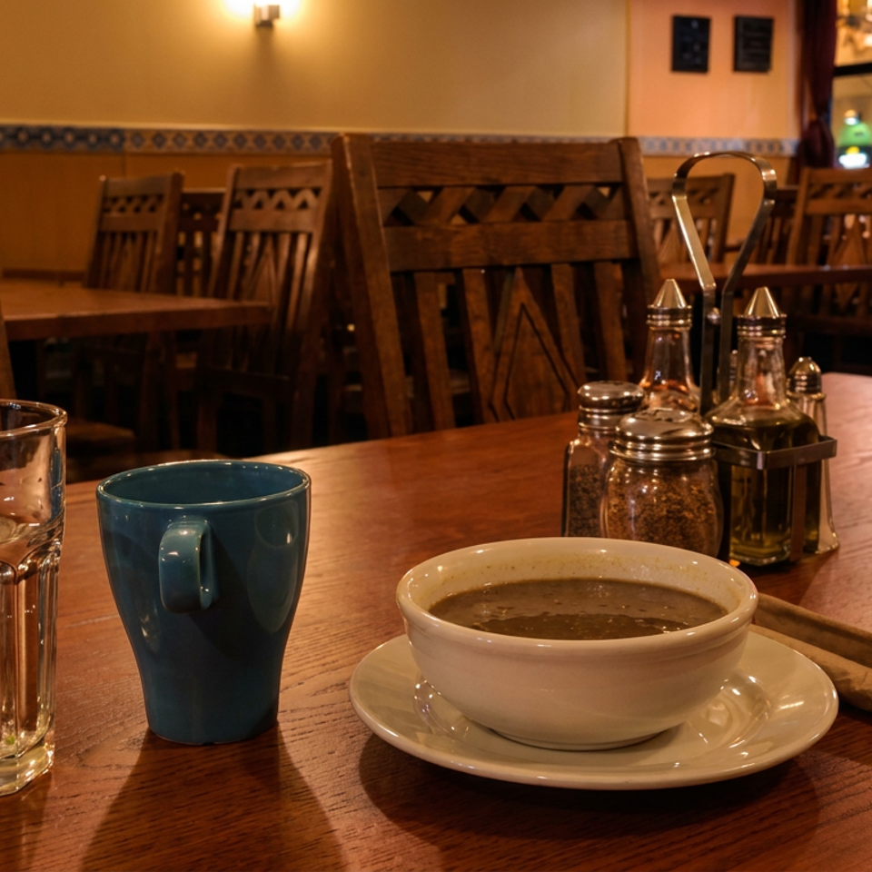 Warmly lit restaurant table with coffee, blue mugs, water glass, condiments, and wooden chairs.
