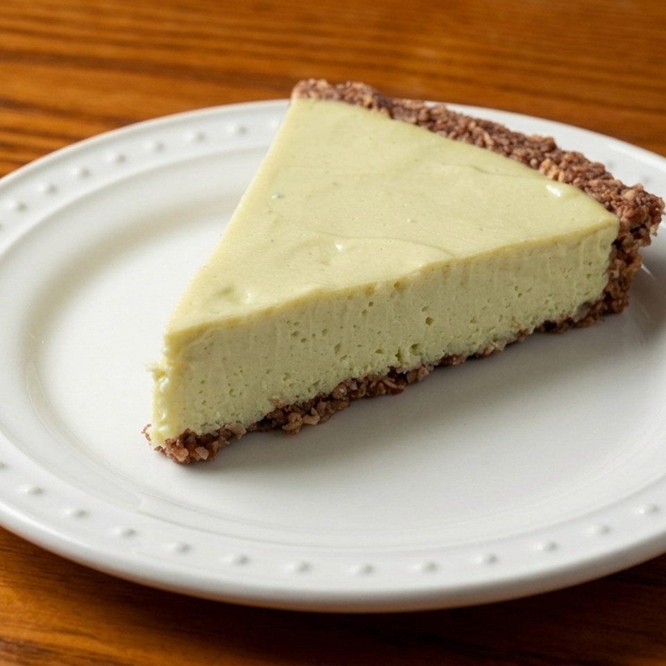 Slice of pale green cheesecake with a crumb crust on a white plate atop a wooden table.