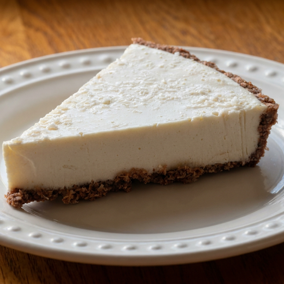 Slice of creamy cheesecake with a crumb crust served on a white decorative plate atop a wooden table.